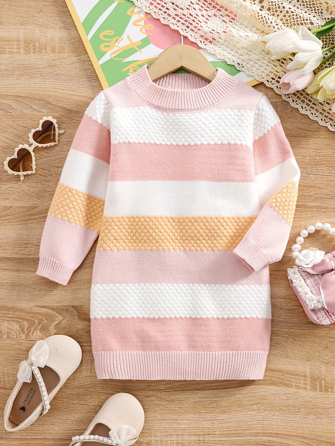 Girls Stripe Pattern Crew Neck Midi Knit Dress, Suitable For Daily Casual Wear In Autumn And Winter