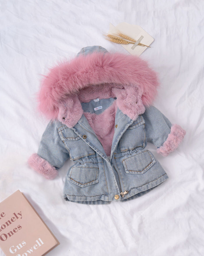 Holly Oversized Denim Fur Hooded Winter Coat Jacket - Soft Faux Fur Lined — view 1 of outerwear