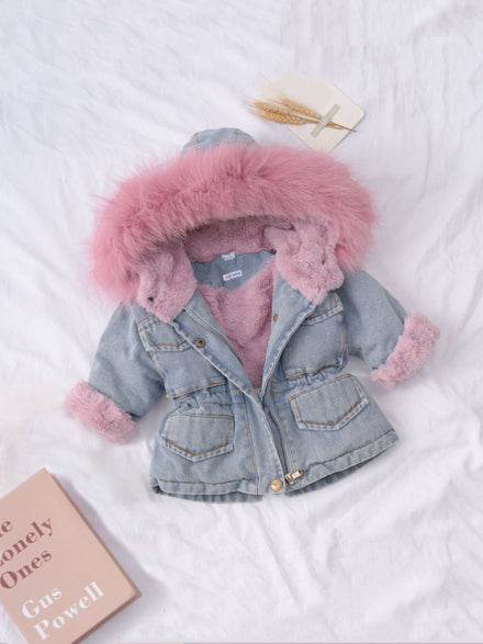 Holly Oversized Denim Fur Hooded Winter Coat Jacket - Soft Faux Fur Lined — view 1 of outerwear