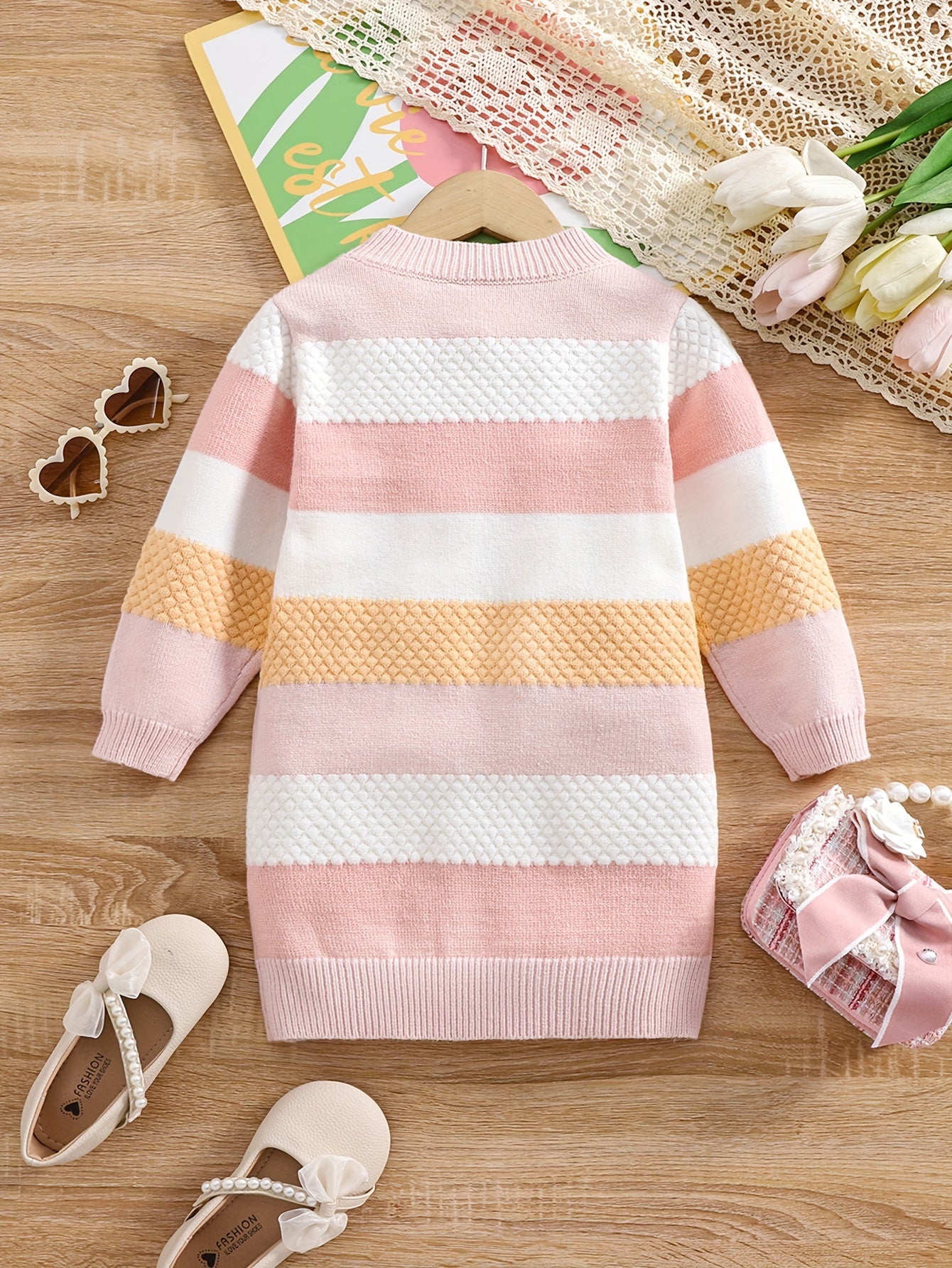 Girls Stripe Pattern Crew Neck Midi Knit Dress, Suitable For Daily Casual Wear In Autumn And Winter