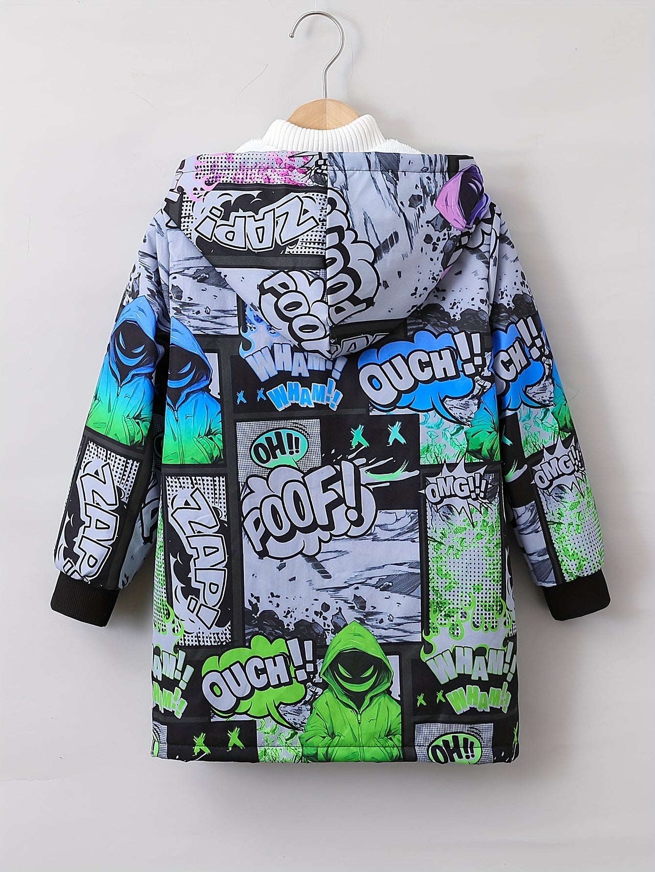 Stylish Anime Pattern Boys' Hooded Jacket - Thick Fleece Lined, Long Sleeve, Zip Up, Water Resistant, Windproof, and Breathable