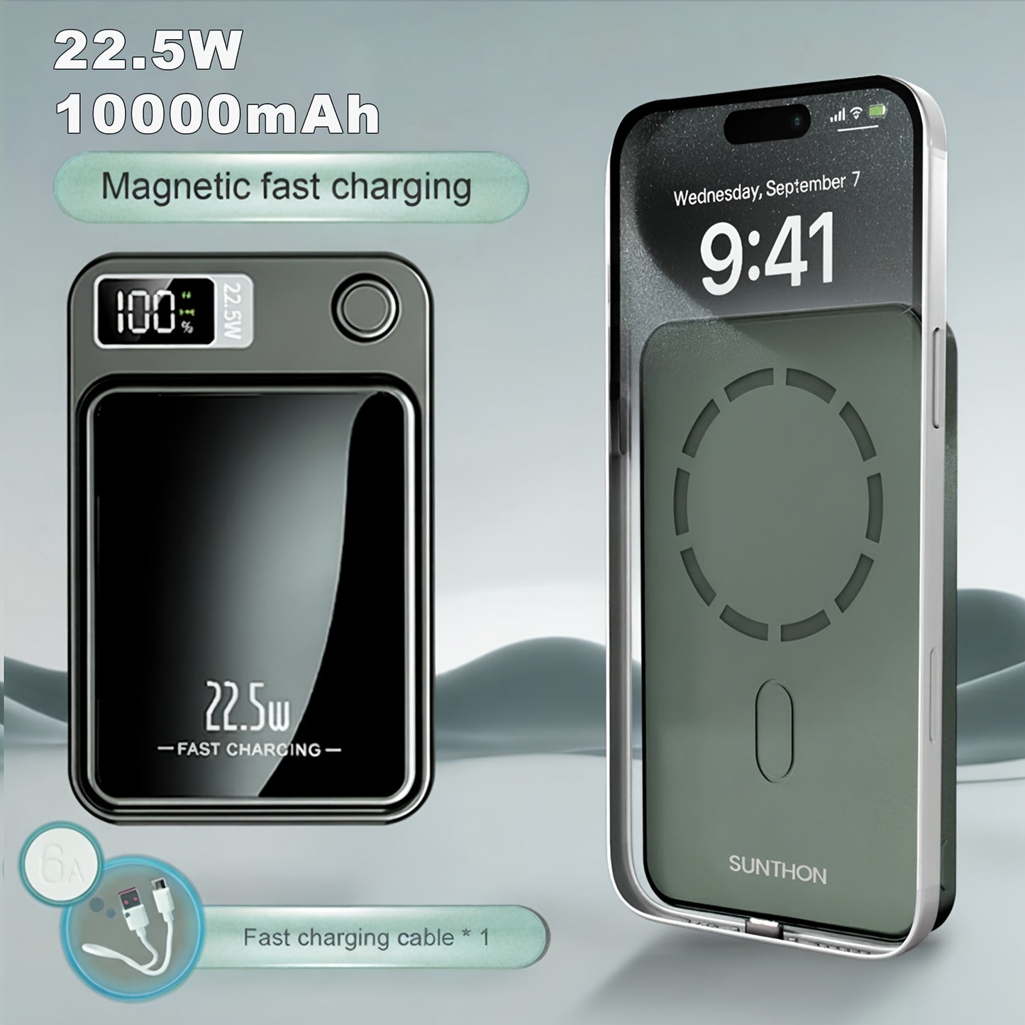 Sunthon Magnetic Wireless Charging Power Bank, 10000/5000mAh Portable Wireless Charger, 22.5W/PD20W Fast Charging Battery Pack, with LED Power Display, 2 Outputs And Dual Input External Battery Pack for iPhone 17/16/15/14/13/