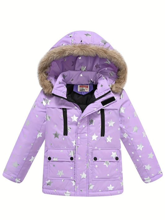 Thick Padded Full Print Hooded Coat For Girls, Detachable Hood Zip-up Casual Parkas For Winter/Fall, Stars/Dots Outdoor Cloth