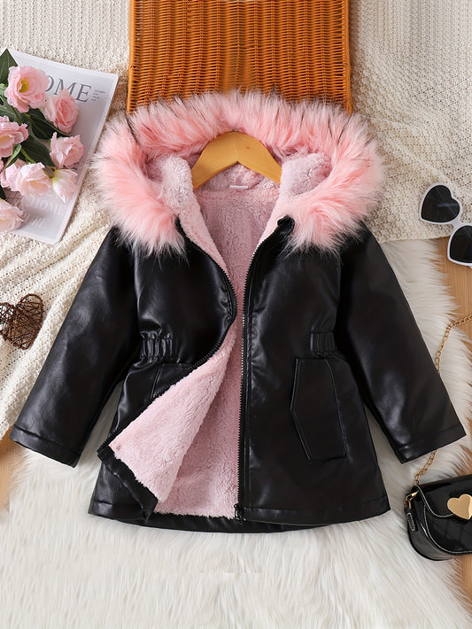 Thick & Warm PU-Leather Furry Hooded Coat For Girls, Plush Lined Zip-up Casual Parkas