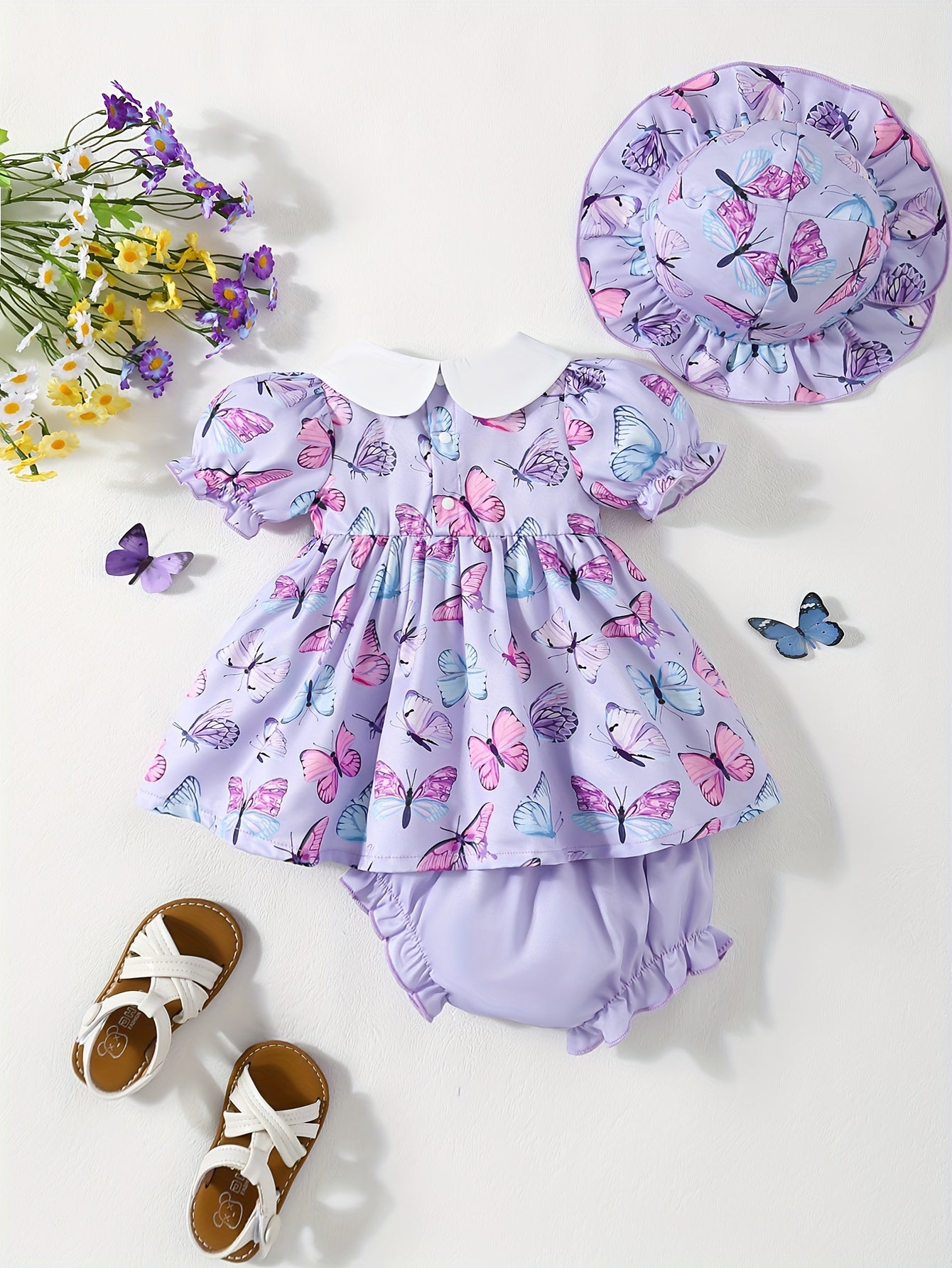 2pcs Bute Butterfly Pattern Infant & Toddler's Summer Outfit, Puff Sleeve Peplum Top & Hat & Ruffle Trim Shorts, Baby Girl's Clothes