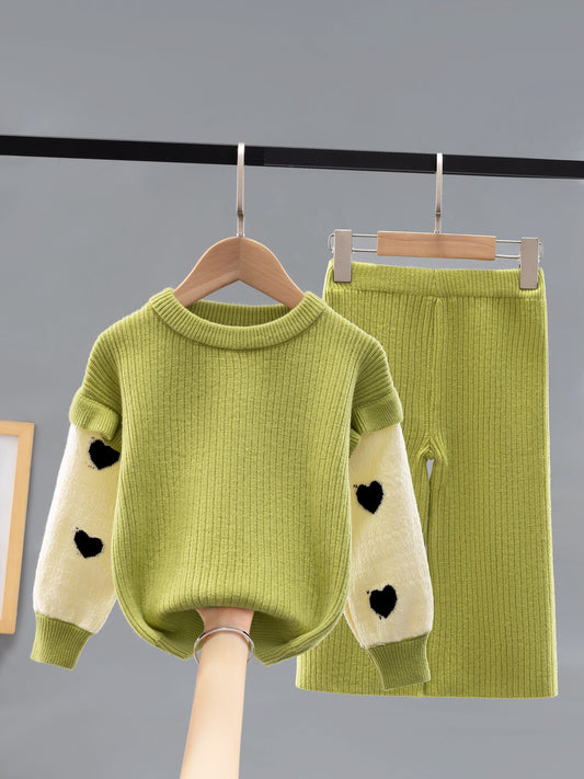 Sweet Contrast-knit Girls Set, Cozy Crew Neck Knit Sweater & Wide Leg Sweater Pants Set - Heart Dots Pattern, Autumn/Winter Clothes