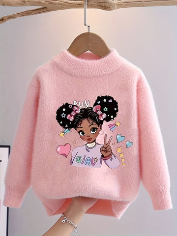 Bohemian Style Girls' Knit Sweater – Cartoon Print, Round Neck, Faux Mink Soft Pullover — view 1 of kids' clothing