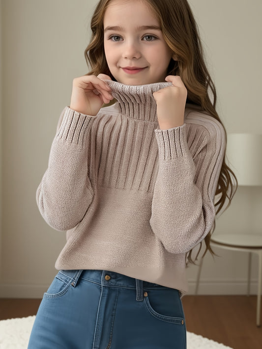 Children's Casual Chic Solid Color High Neck Knitted Pullover Sweater - Viscose Blend Long Sleeve Stretch Knit Top