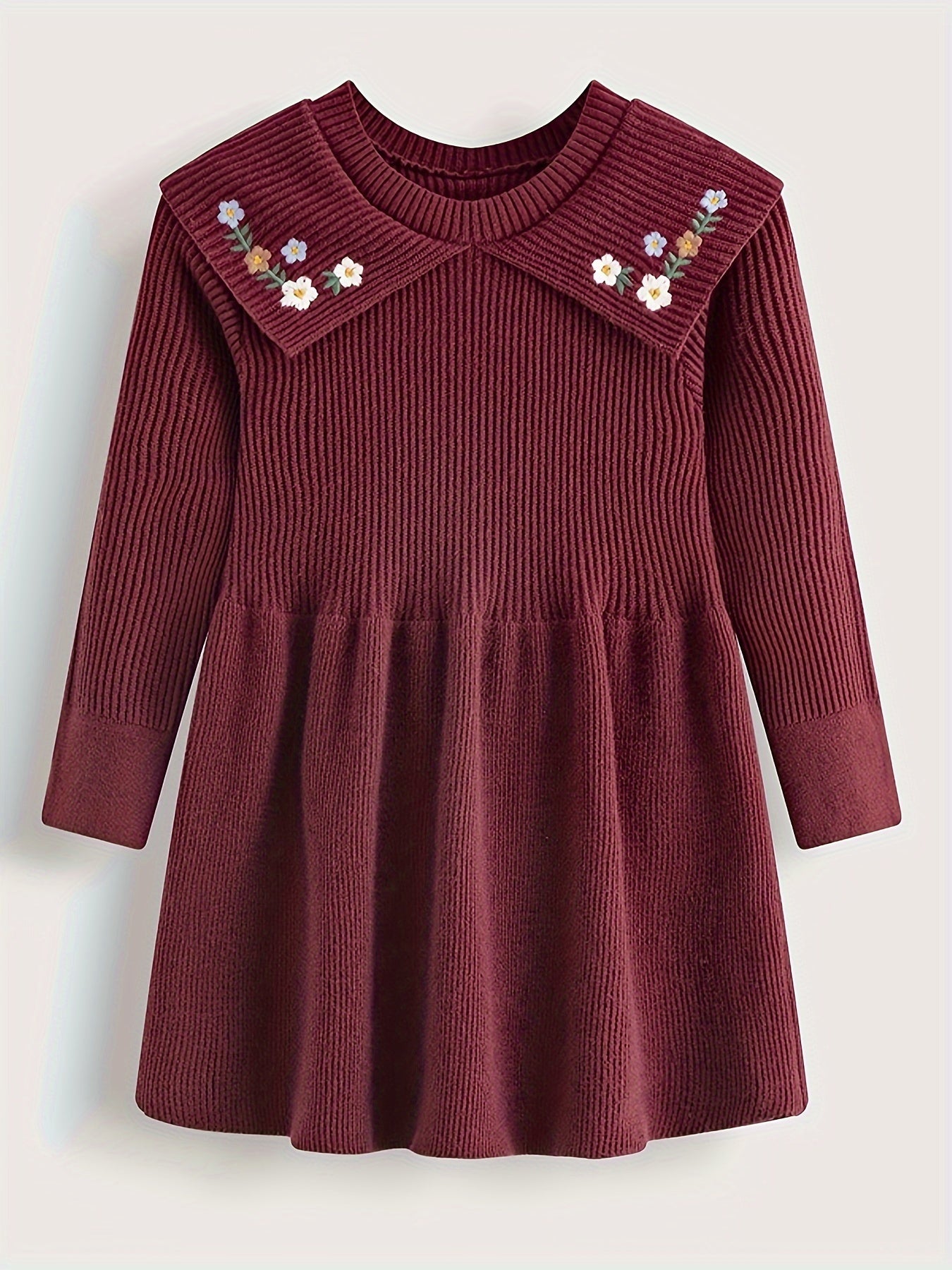 Girls' Embroidered A-line Short Sweater Dresses with Knitted Flower Pattern Lapel Collar for Fall Winter