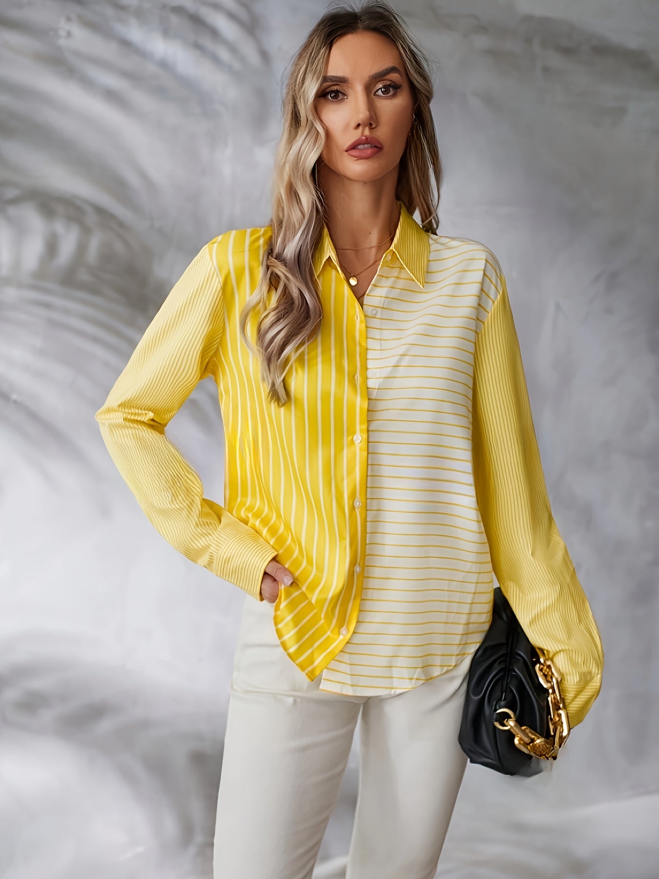 Vibrant Stripe Print Button Front Long Sleeve Shirt - Elegant Color Block Design, Comfortable Fit, Perfect for Spring & Fall Seasons, Women's Fashion Clothing