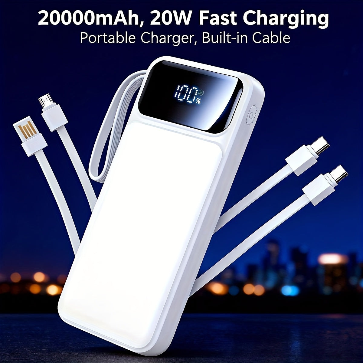 Power Bank: 20000mAh, 20W Fast Charging Portable Charger, Built-in Cable, USB C Battery Pack, Ultra-thin Portable Mobile Phone Charger. Spare Battery Suitable For All Mobile Phones And Tablets