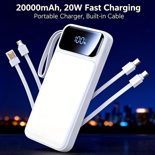 Power Bank: 20000mAh, 20W Fast Charging Portable Charger, Built-in Cable, USB C Battery Pack, Ultra-thin Portable Mobile Phone Charger. Spare Battery Suitable For All Mobile Phones And Tablets