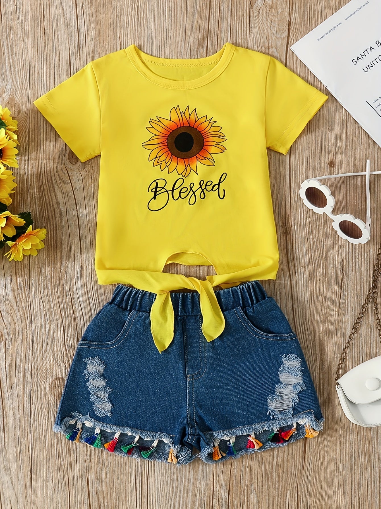 2pcs Comfy Girls Casual Short Sleeve T-shirt & Denim Shorts Set, Sunflower And Letter Graphic Print Summer Kids Outdoor Clothing