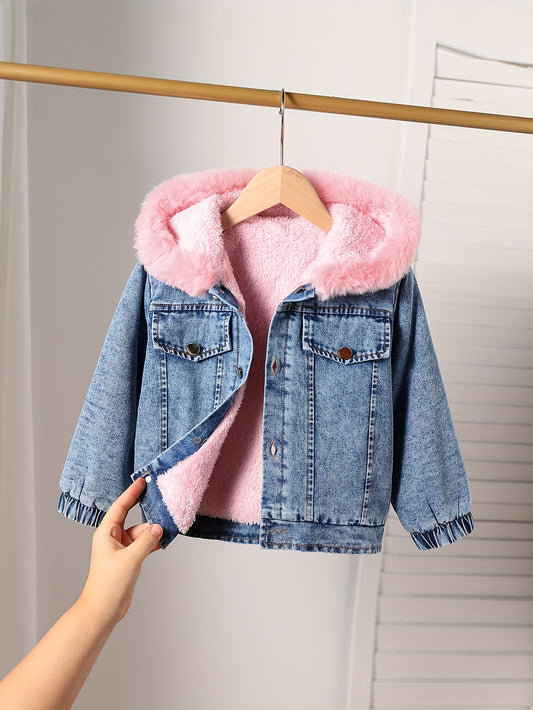 Girls' Cozy Fleece-Lined Hooded Denim Jacket - Long Sleeve, Button-Up