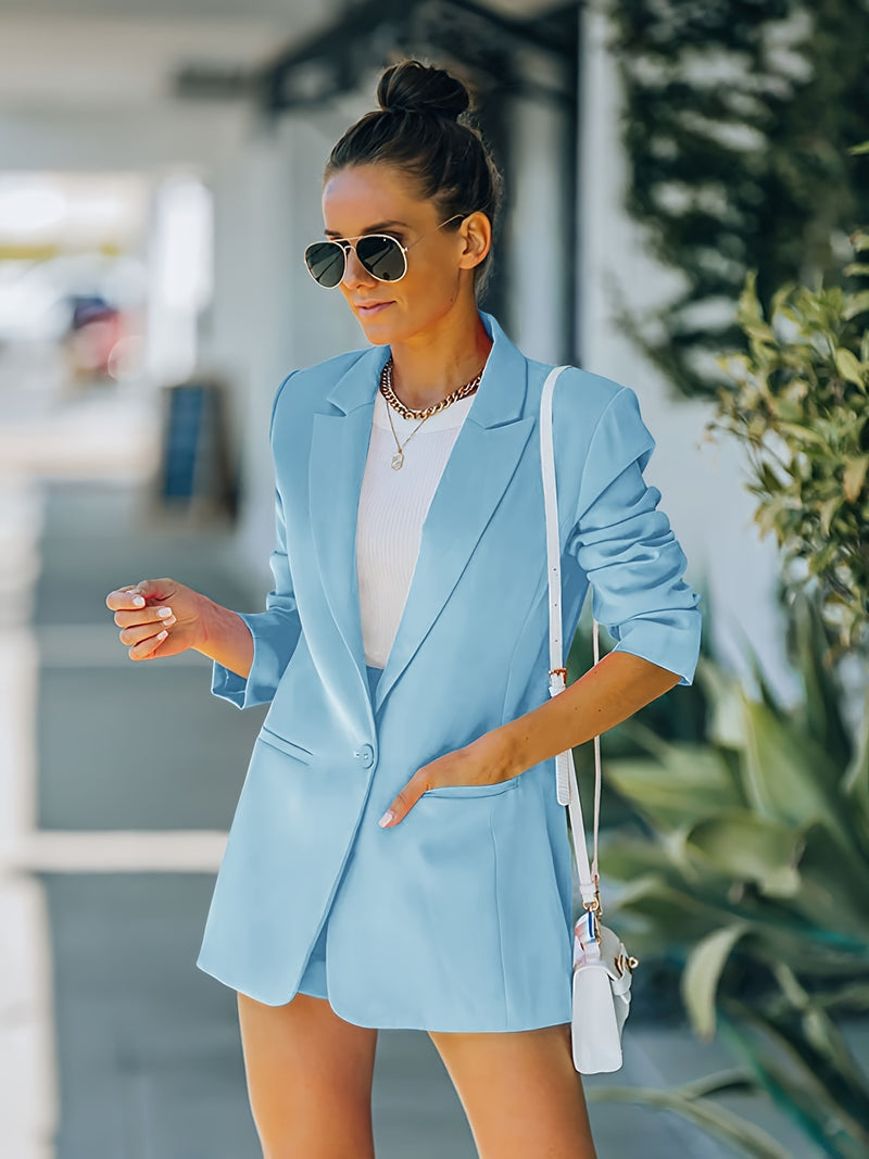 Women's 2 Piece Open Front Long Sleeve Blazer And Solid Short Pants Suit Sets — view 1 of men's clothing