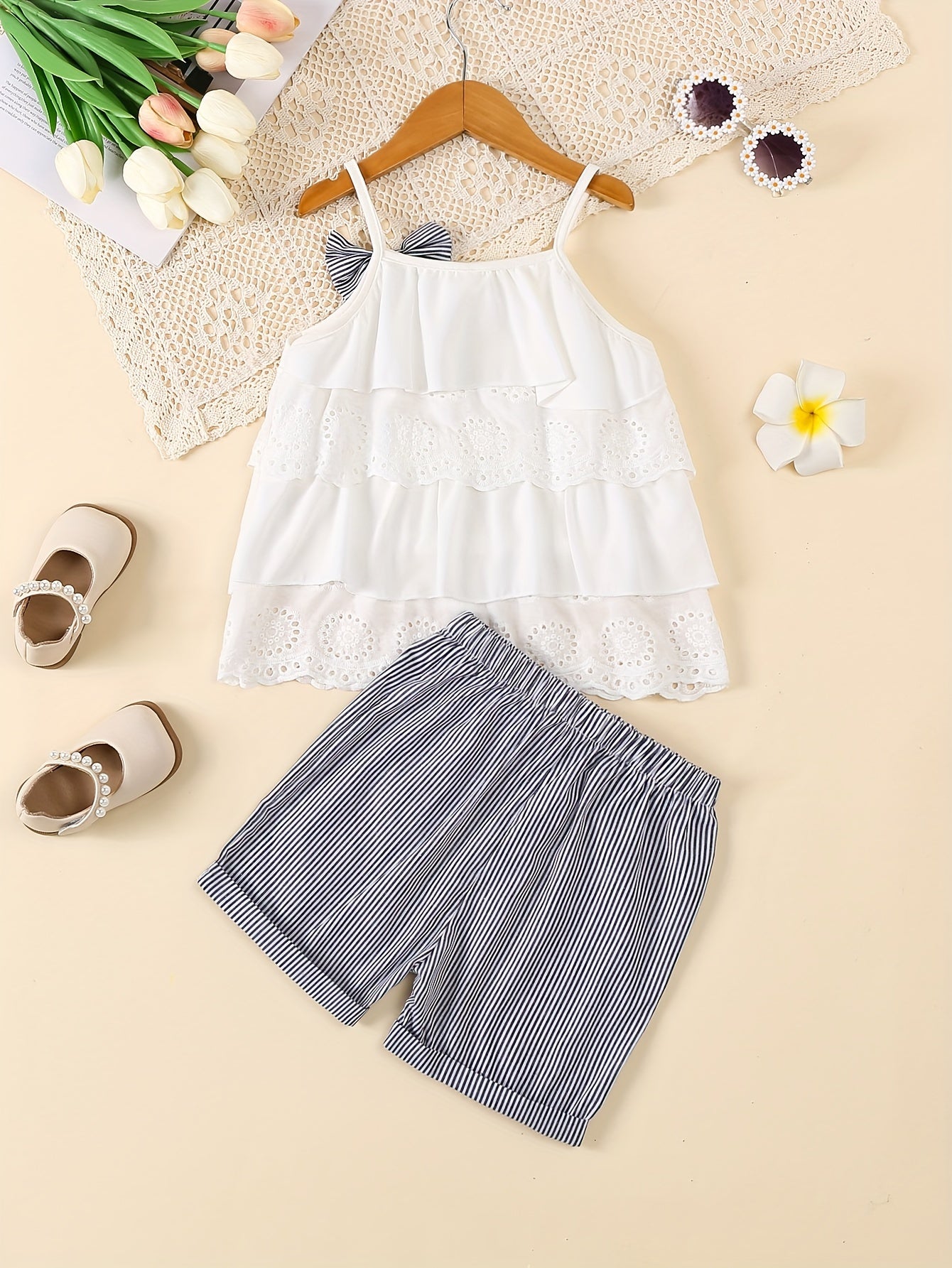 2pcs Infant & Toddler's Lovely Summer Outdoor Set, Schiffy Layered Cami Top & Shorts, Baby Girl's Clothes, Outdoor Cloth