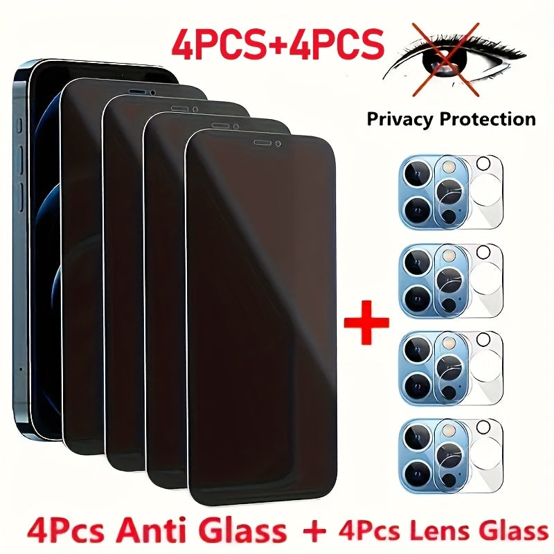 Set of 8 Complete Protection Anti-Spy Tempered Glass for Iphone 15, 14, 13, 12, 11 Pro Max, X, XS, XR, And XS Max, Along with Full Coverage Camera Lens Glass for Iphone 11, 15 Pro Max, Featuring 9H Hardness