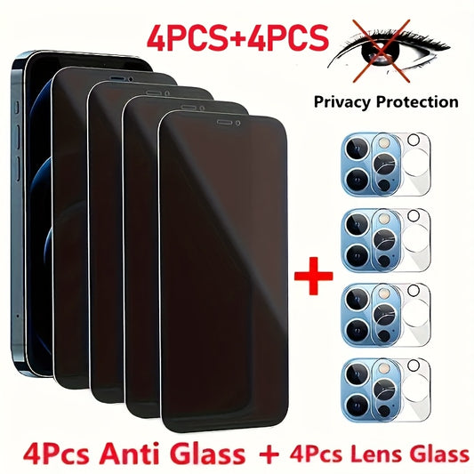 Set of 8 Complete Protection Anti-Spy Tempered Glass for Iphone 15, 14, 13, 12, 11 Pro Max, X, XS, XR, And XS Max, Along with Full Coverage Camera Lens Glass for Iphone 11, 15 Pro Max, Featuring 9H Hardness