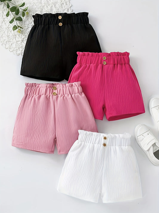 4pcs Girls’ Solid Color Button Decor Shorts – Casual & Comfortable for Spring & Summer