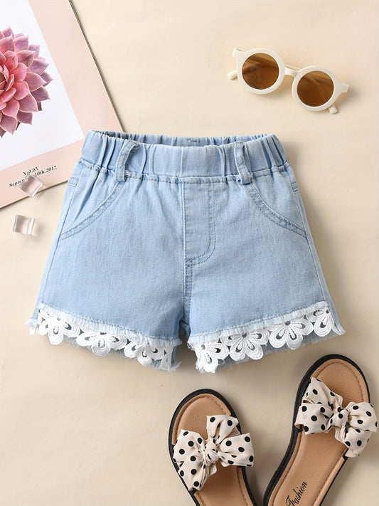 Girls' Light Blue Lace-Trim Denim Shorts - Comfy Elastic Waistband - Perfect for Summer Fun