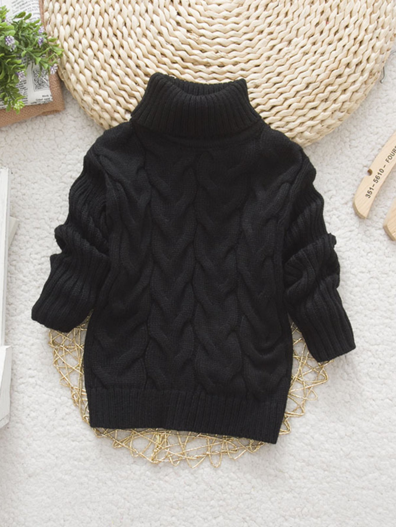 Kids’ High Neck Knit Sweater – Solid Color Torsade Pattern Long Sleeve Pullover