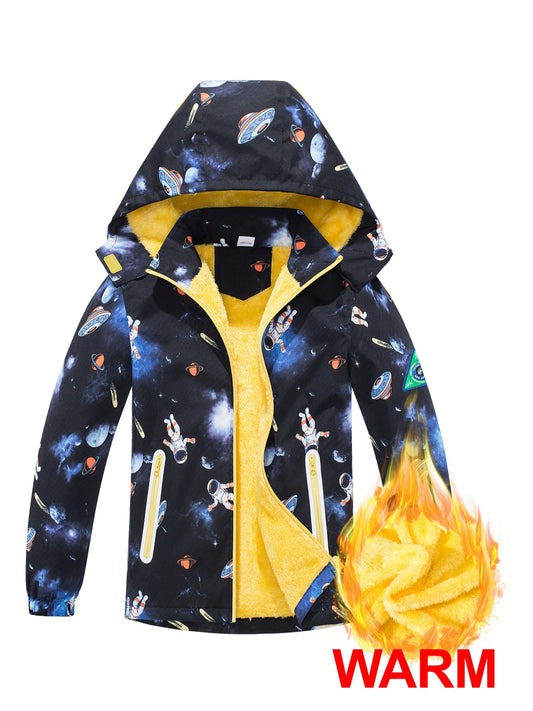 Boys Cartoon Space Astronaut Print Windbreaker Fleece Lining Jacket With Detachable Hood, Long Sleeve Zip Up