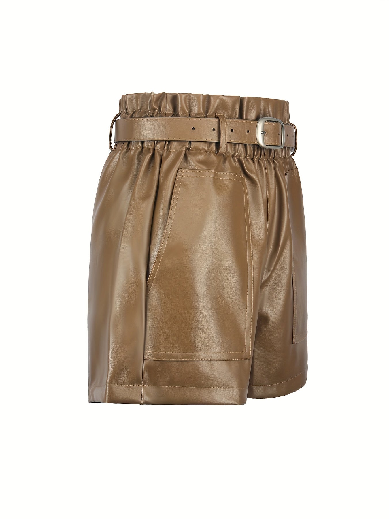 Faux Leather Shorts High Waisted Elastic Band Belted Shorts Flared Leg Faux Leather Shorts