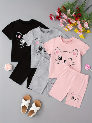 3 Sets Girls’ Cartoon Cat Print Summer Outfit – Solid Color Round Neck T-Shirts & Shorts — view 1 of women's clothing