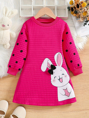 Adorable Bunny Print Long Sleeve Dress for Girls – Cozy Knit with 3D Bow for Fall/Winter — view 1 of women's clothing
