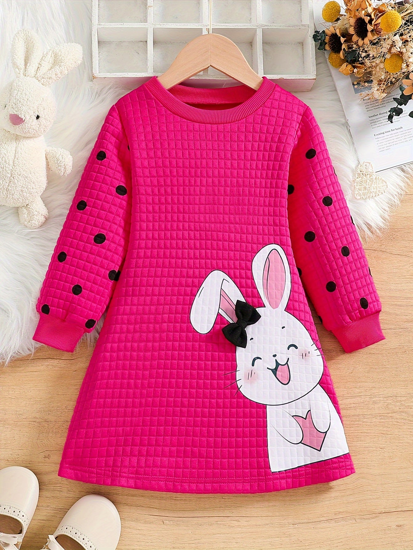 Adorable Bunny Print Long Sleeve Dress for Girls – Cozy Knit with 3D Bow for Fall/Winter