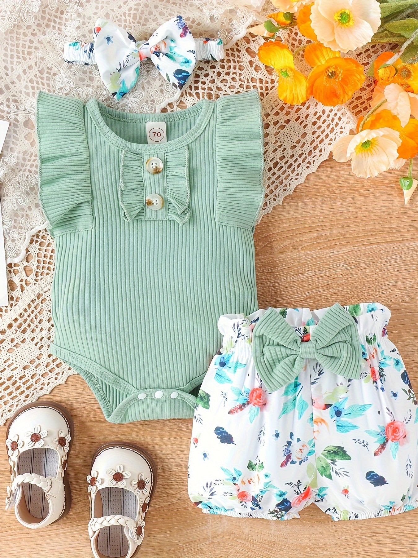 2pcs Infant's Casual Summer Set, Solid Color Ribbed Bodysuit & Floral Pattern Shorts, Baby Girl's Clothes