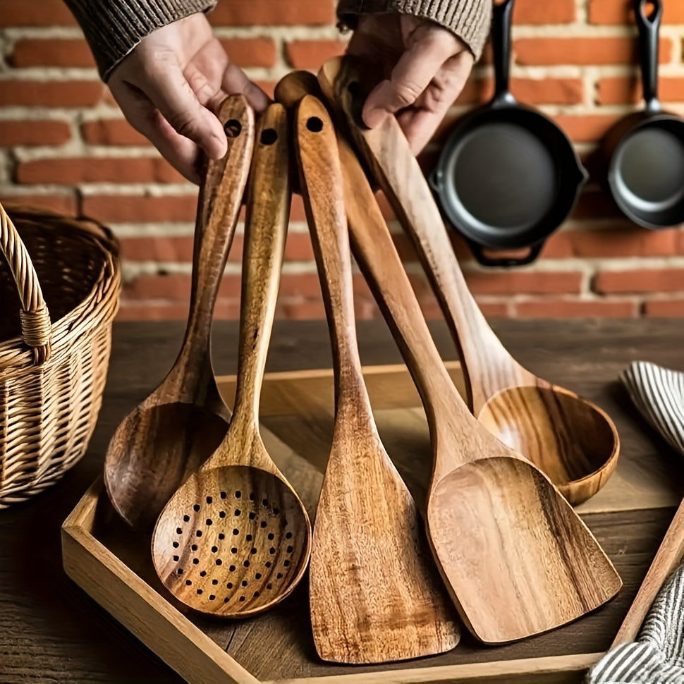 5pcs/3pcs/4pcs Premium Wooden Kitchen Utensil Set - Ergonomic Handles, Natural Wooden Spoon, Stirring Spoon, Soup Spoon Non-Stick Pan Turner, Heat-resistant & Easy to Clean, Durable Kitchen Essential Accessories, Perfect Chri