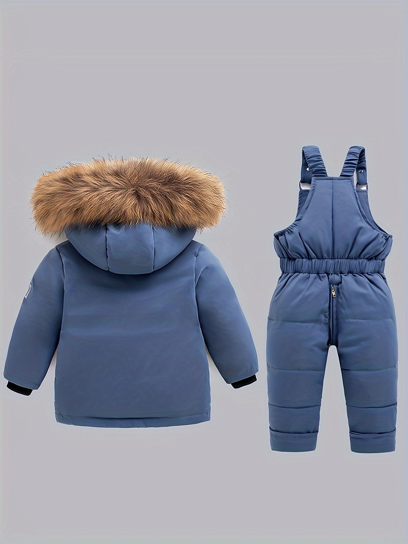 Kids' Winter Warmth: Hooded Down Jacket & Overalls Set - Cozy Polyester, Zip-Up, Non-Stretch, Letter Print, Long Sleeve, No-Belt, Regular Fit for Boys & Girls - Perfect for Outdoor Play