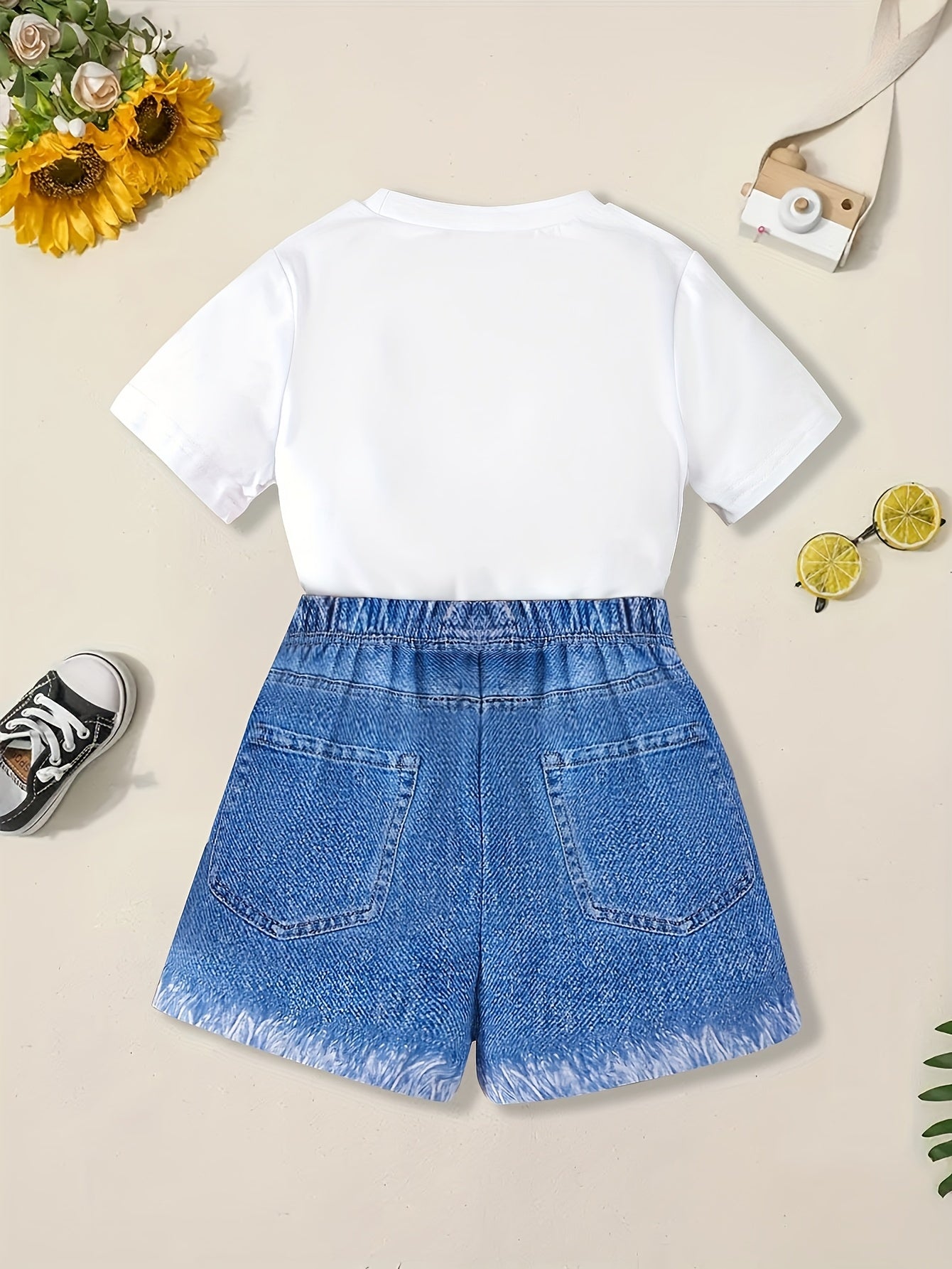 Girls' Summer Mermaid Print T-Shirt & Faux Denim Floral Shorts Set - Casual, Machine Washable