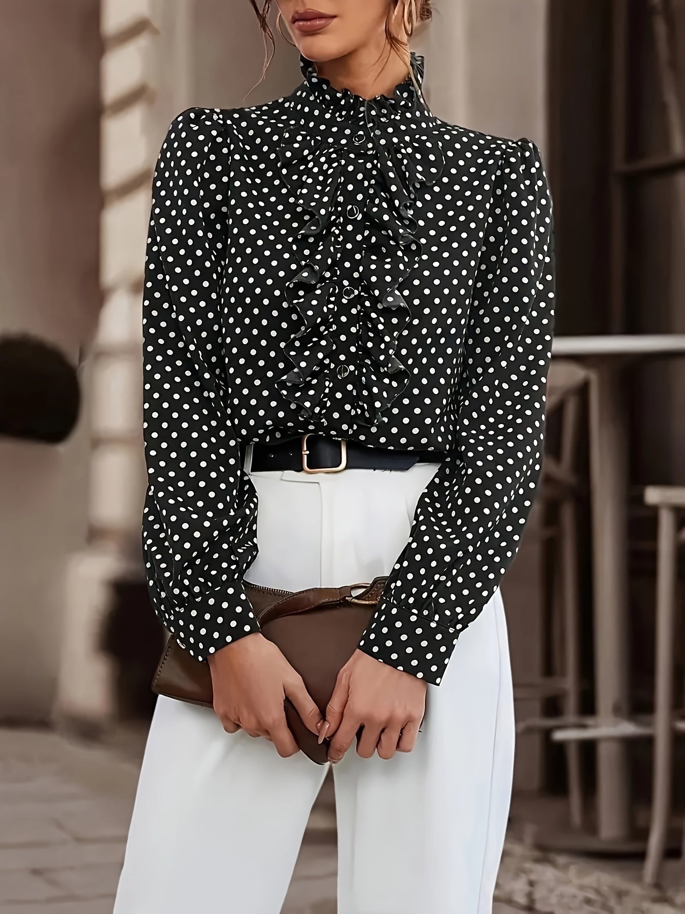 Flirty Polka-dot Ruffle Blouse - Timeless Vintage Style - Long Sleeve For Spring & Fall - Chic Womens Fashion