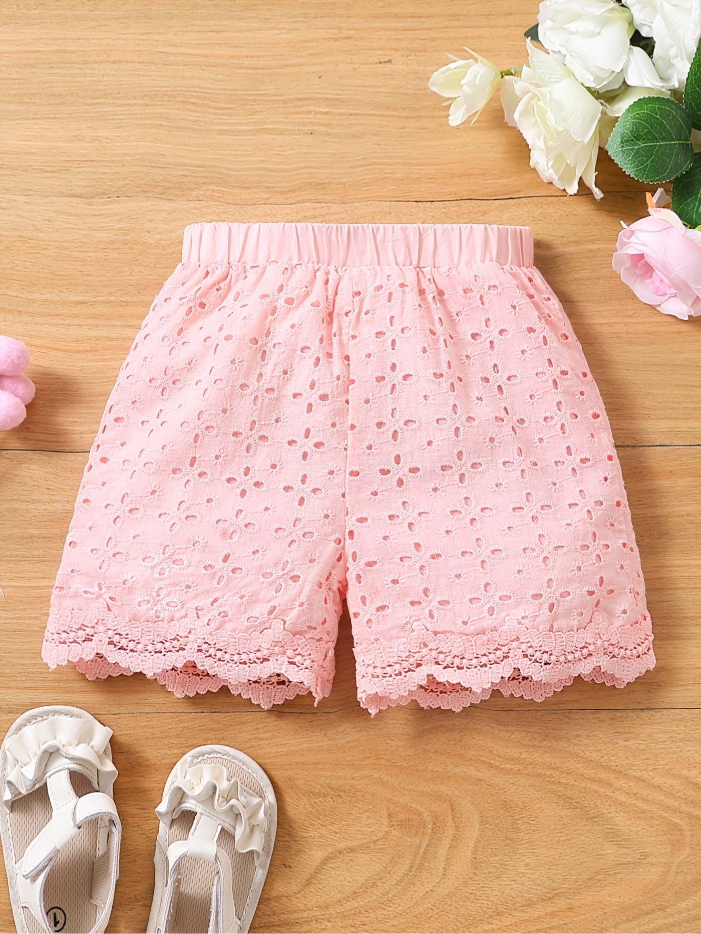 Cute Toddler Girls' Lace Shorts - Elastic Waist, Solid Color, Casual Wear for Summer, Comfortable, Breathable, Soft Fabric