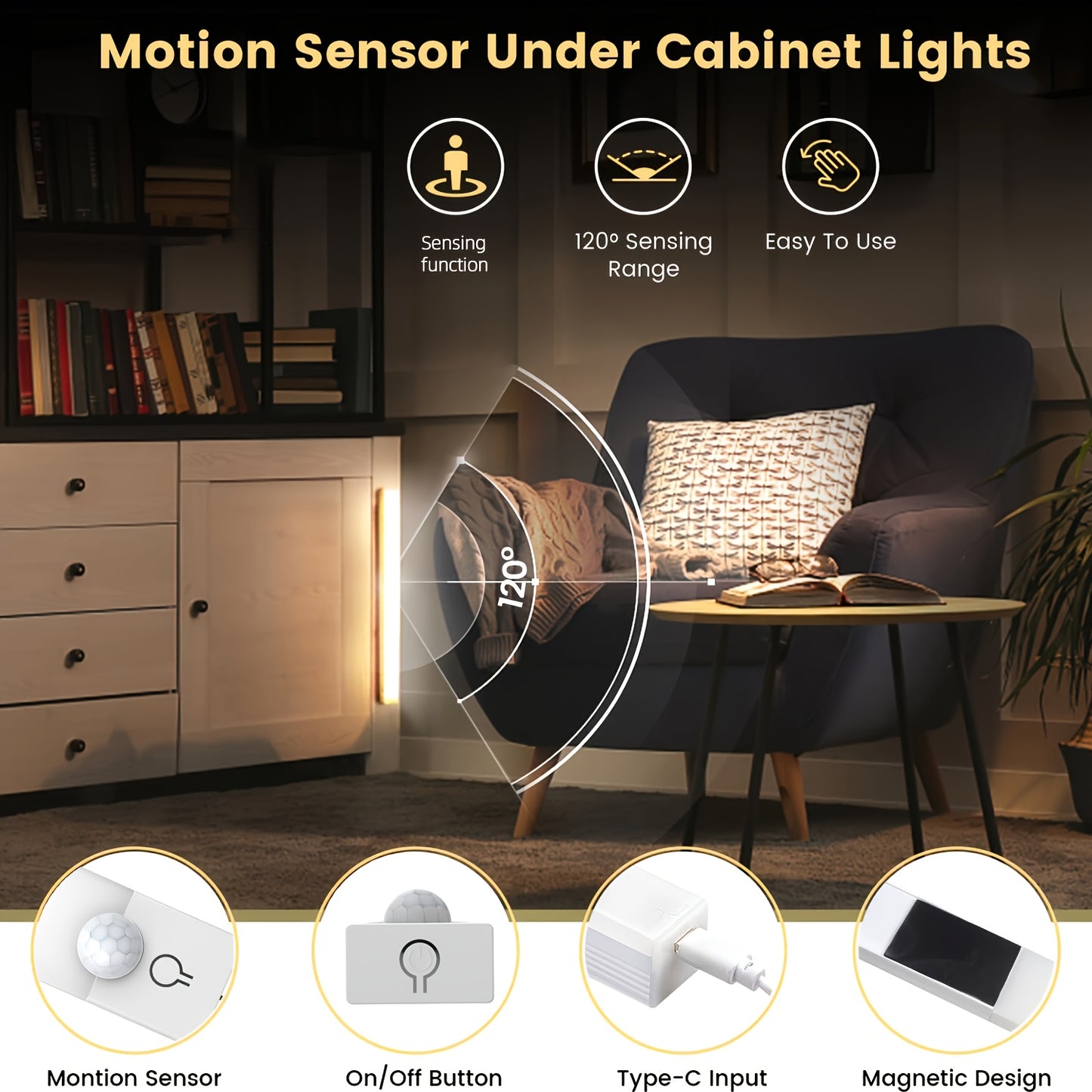 Set of 3 LED Lights with Motion Detection - Adjustable Brightness for Cabinets, Rechargeable Via USB, Featuring Three Color Temperatures (3000K/4500K/6000K), Suitable for Use As Night Lights in Bedrooms, Staircases, Kitchens,