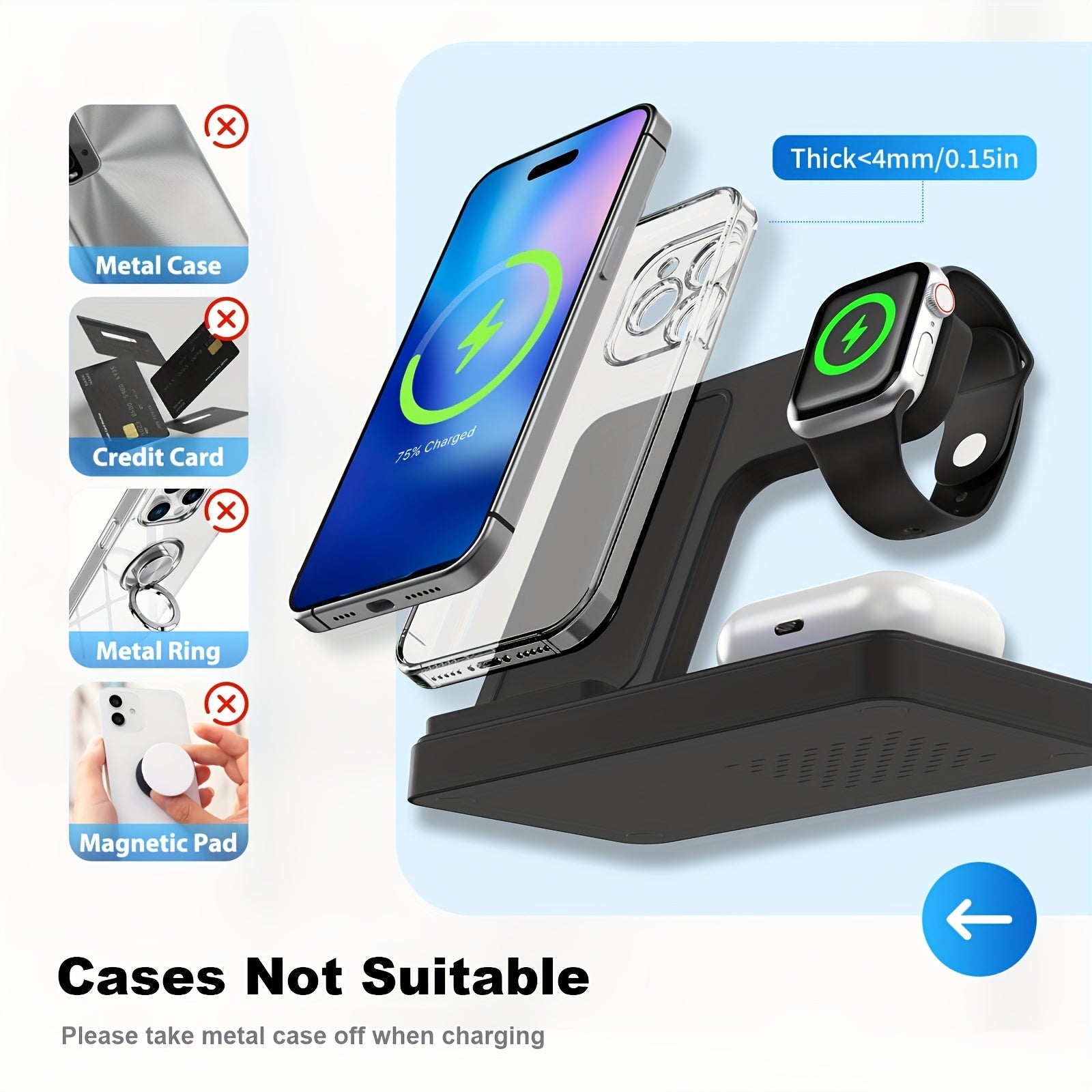 Foldable 3-in-1 Wireless Charger Station, 15W Fast Charging Charger Stand, for iPhone 16 15 14 13 12 11 X 8 Pro Max/Pro/Mini/Plus, for iWatch Ultra10/9/8/7/6/5/4/3/2 SE, for AirPods 3/2/Pro Multiple Devices,zip Ties Alternati
