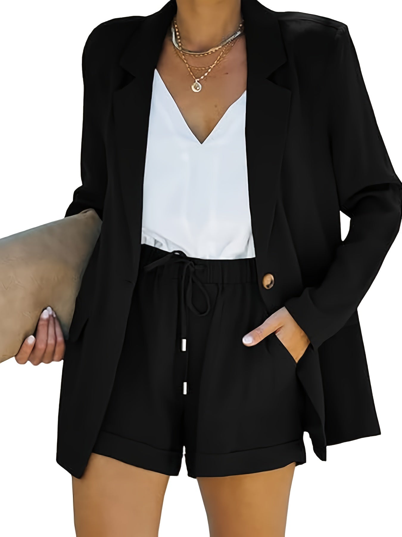 Women's Business Suits Long Sleeve Blazer Jacket Coat And High Waisted Shorts 2 Pieces Outfits Set