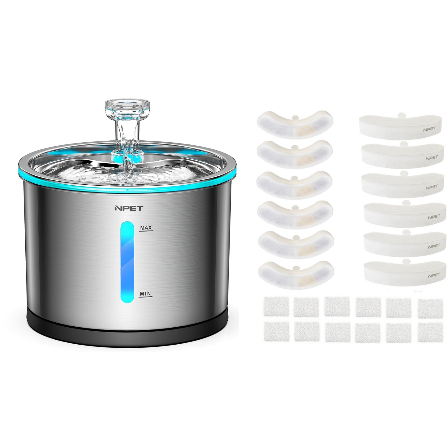 NPET WF210 Cat Water Fountain Stainless Steel, 50oz/1.5L Dishwasher Safe Pet Water Fountain with Visible Window, Ultra Quiet Automatic Cat Water Dispenser with Light for Cats Inside