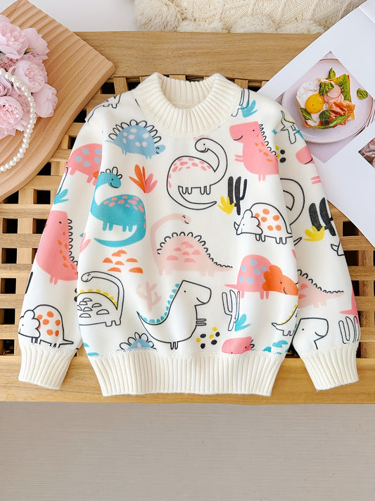 Children's Cartoon Dinosaur Sweater - Casual Polyester Knit Pullover with Round Neck, Long Sleeves, Regular Fit for Kids