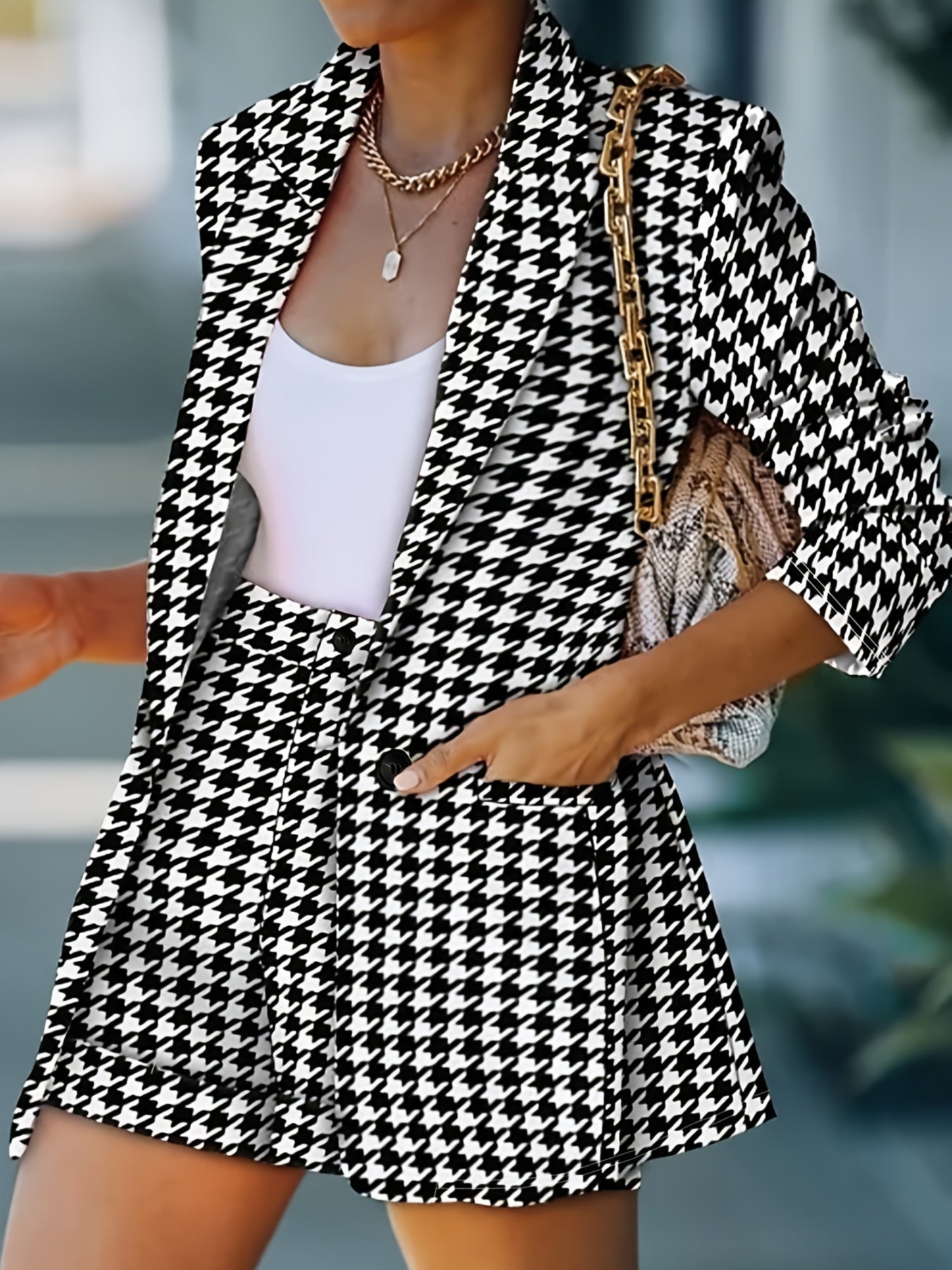 Single Breasted Elegant Houndstooth Pattern Women's Clothing: Long Sleeve Shawl Collar Blazer & High Waist Aline Shorts Set