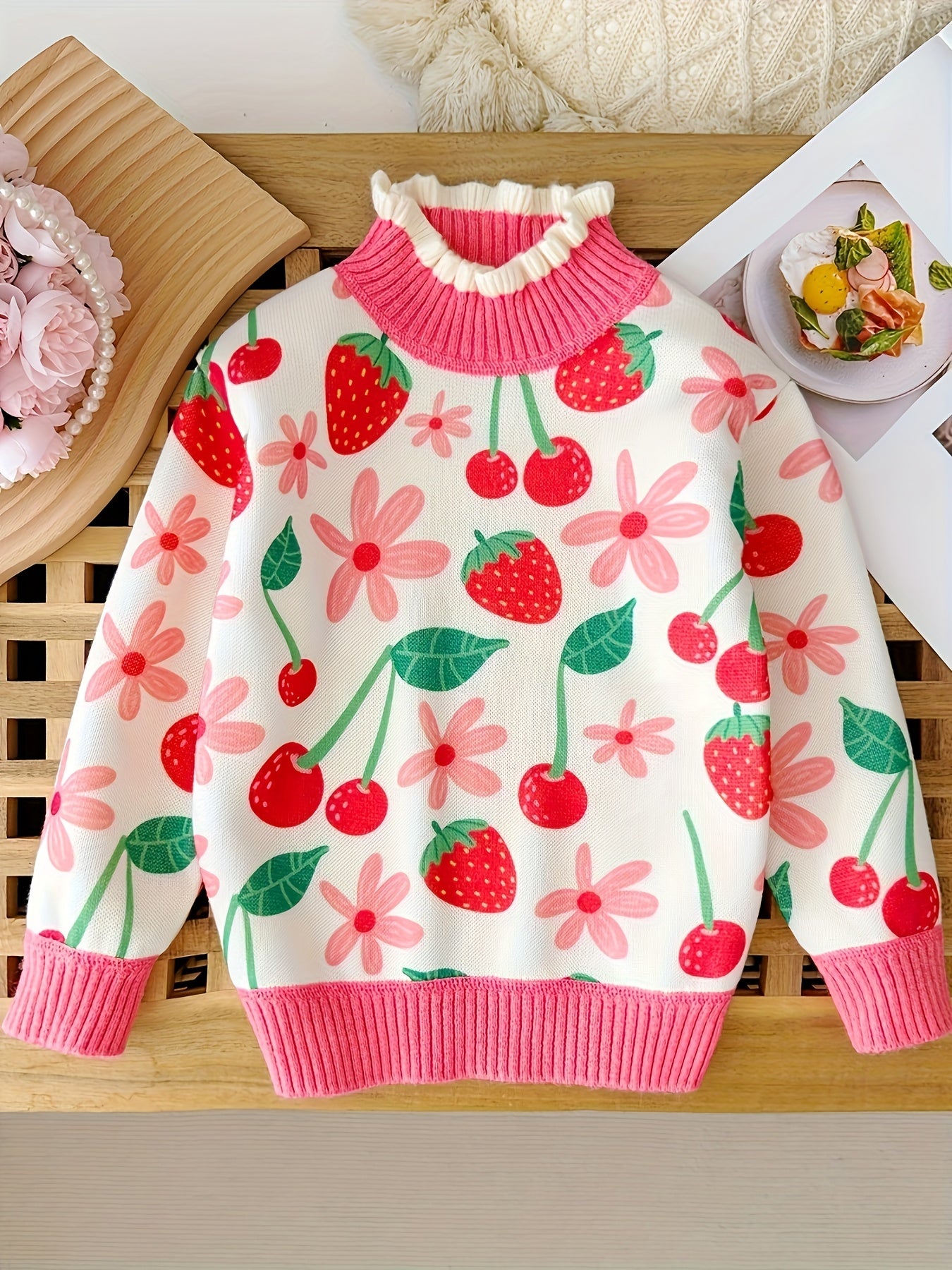 2024 Whimsical Comfort, Cozy & Cute Girls' Fleece-Lined Knit Sweater with Cherry Print - Ruffle Trim, Long Sleeve Pullover for Fall/Winter