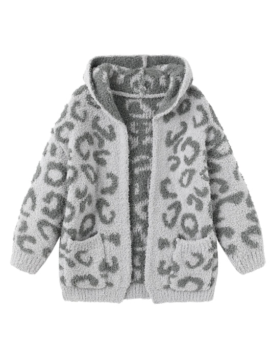 Cozy Leopard Print Hooded Cardigan - Soft Long Sleeve Open Front Knitwear for Girls