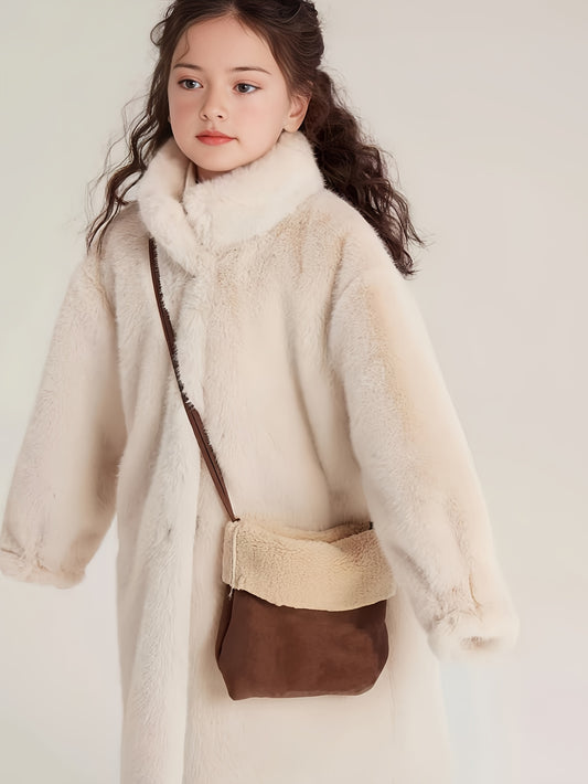 2024 Elegant Girls' Long Plush Coat - Warm, Thick Winter Jacket with Button Front & Round Neck, Perfect for Casual Outings