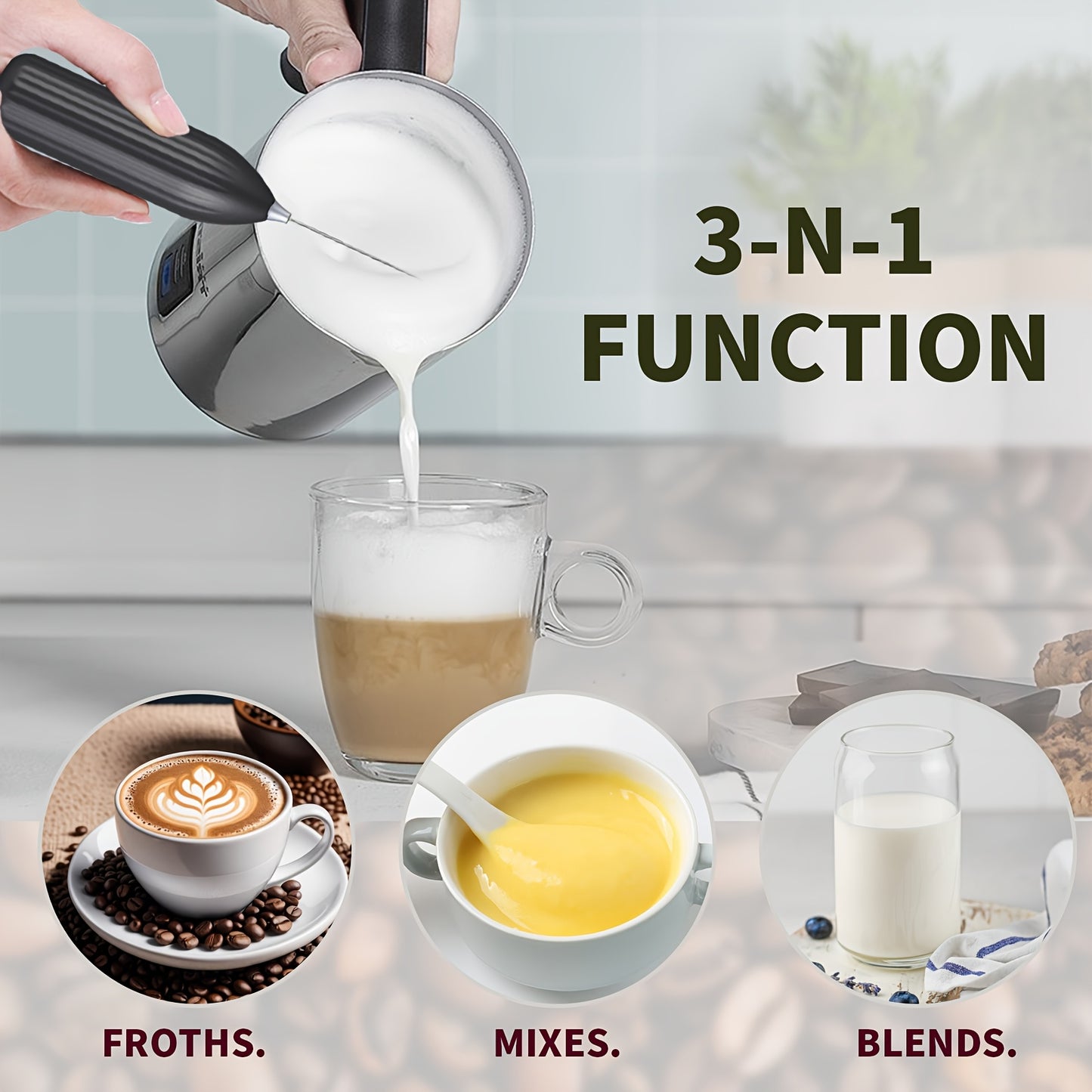 Professional Milk Frother & Foam Maker, Handheld Battery-Powered Whisk for Coffee, Latte, Cappuccino, Hot Chocolate, Portable Stainless Steel  Blender with 2 AA Batteries (Not Included) Barista-Grade Tool for Home, Travel & E