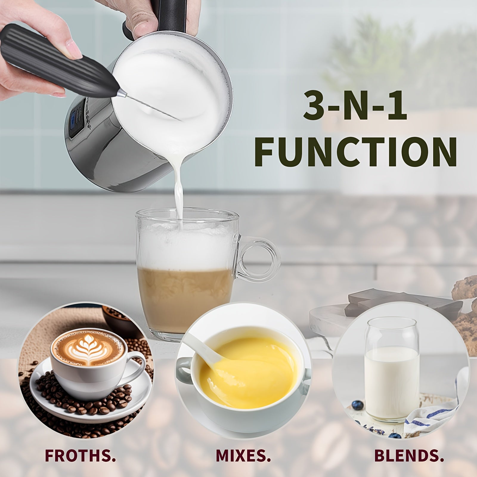 Professional Milk Frother & Foam Maker, Handheld Battery-Powered Whisk for Coffee, Latte, Cappuccino, Hot Chocolate, Portable Stainless Steel  Blender with 2 AA Batteries (Not Included) Barista-Grade Tool for Home, Travel & E
