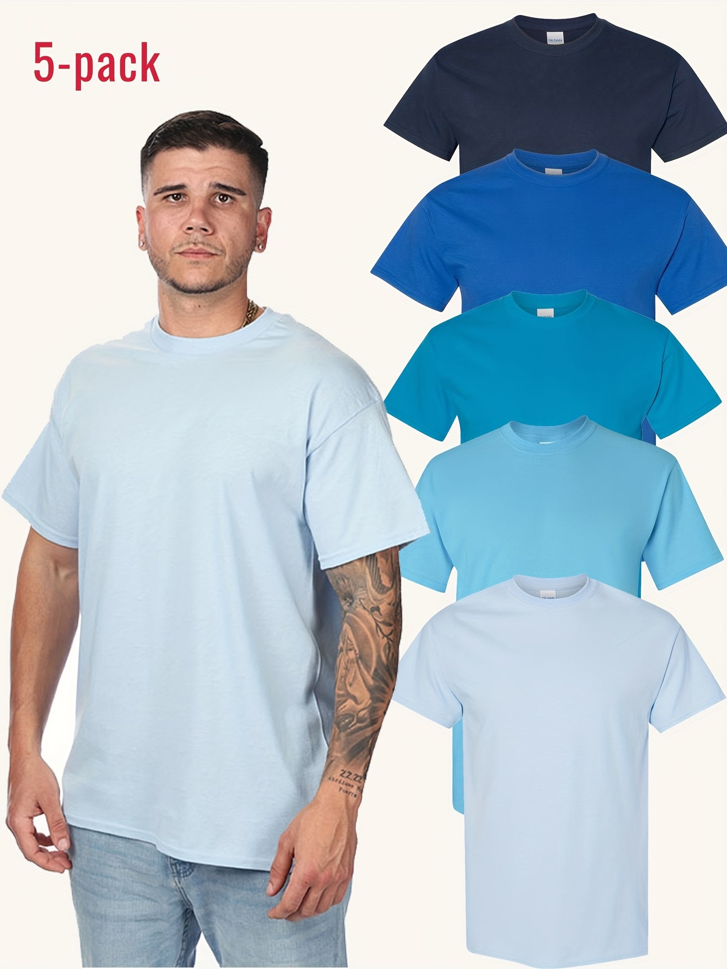 100% Cotton 5-piece Set Men's Classic Solid Color Short Sleeved T-shirt