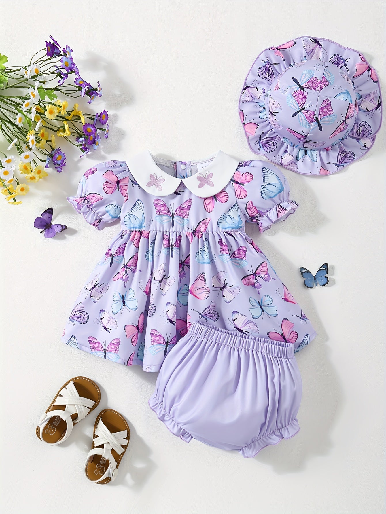 2pcs Bute Butterfly Pattern Infant & Toddler's Summer Outfit, Puff Sleeve Peplum Top & Hat & Ruffle Trim Shorts, Baby Girl's Clothes