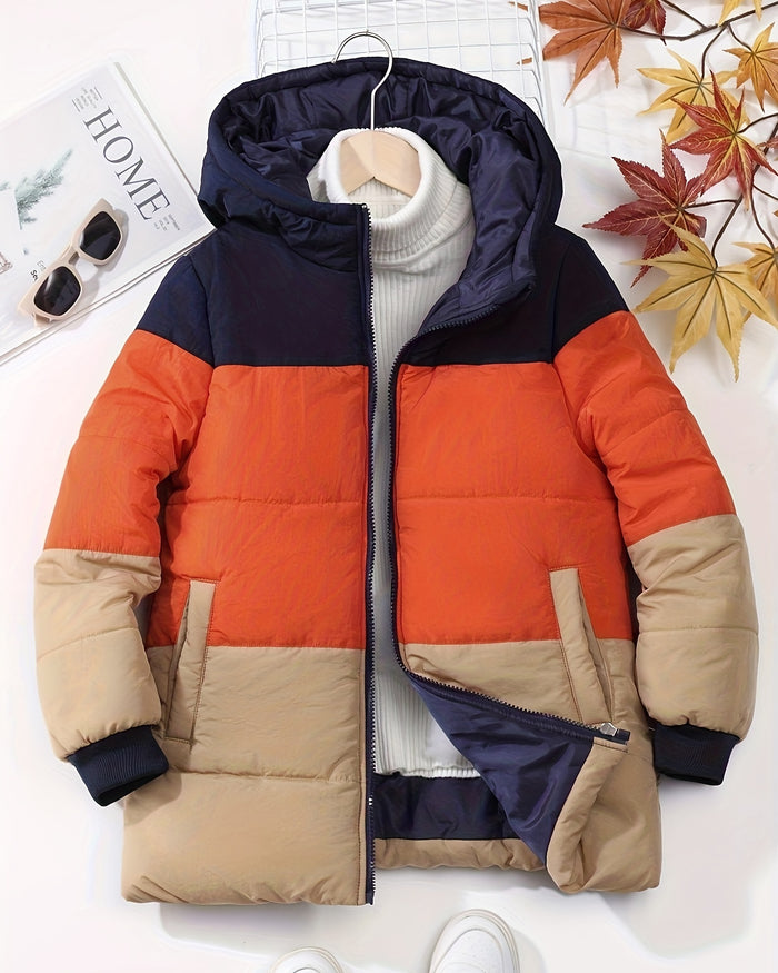 Color Block Zip Hooded Coat - Lightweight, Padded, Warm, and Water-Resistant Winter Outerwear for Boys and Girls